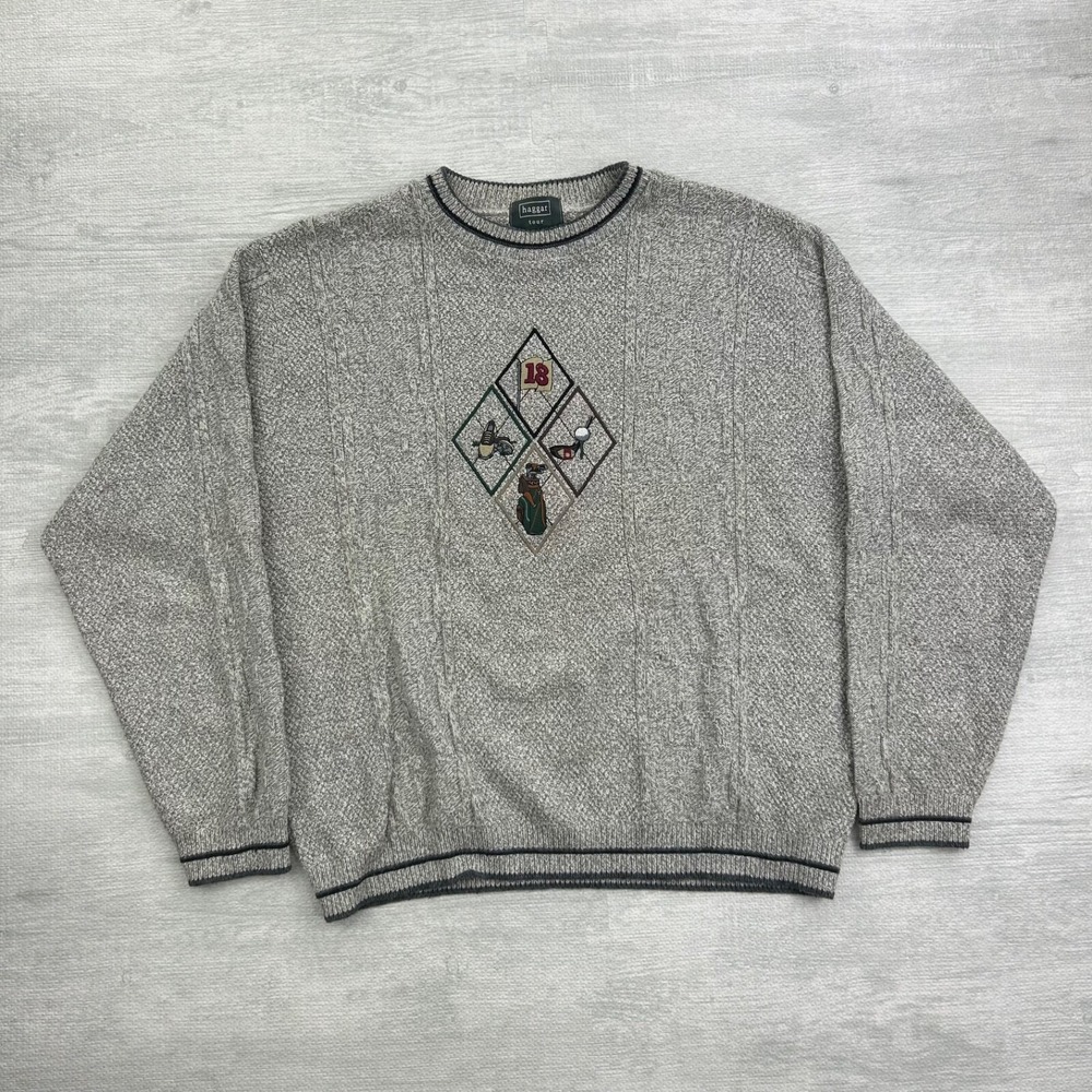 Vintage 90s Haggar Tour Golf Sweater Size Large Gray Sports Grandpa Pull Over